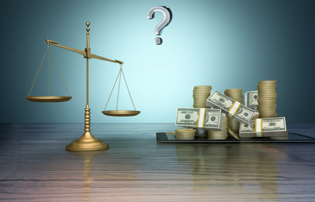 Scales balancing resources with a question mark above, symbolizing uncertainty in fair allocation.