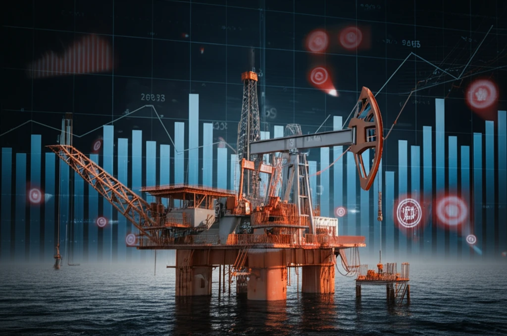 Energy market volatility illustrated with oil rig and fluctuating graphs.