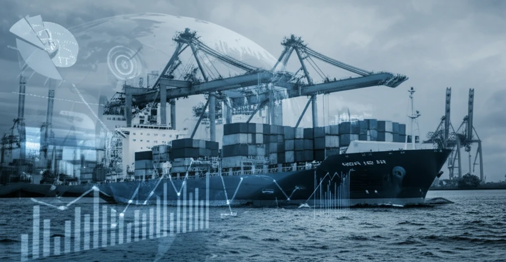 Container ships navigating turbulent seas, overlaid with economic charts.