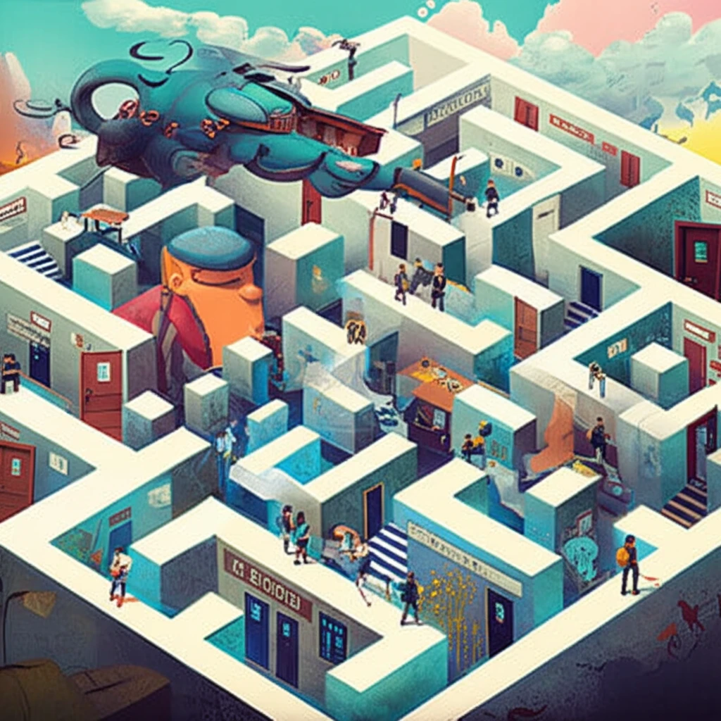 A surreal labyrinth of school buildings symbolizing the complex choices in education.