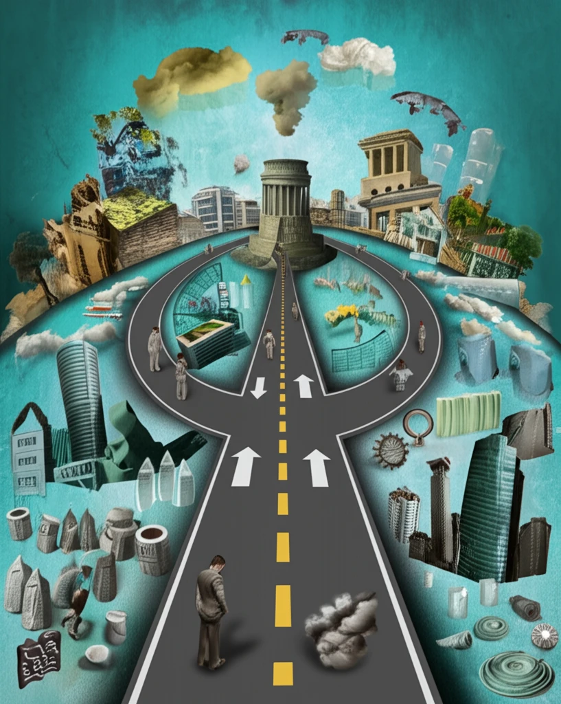 Economic model with roads leading to financial sectors and policymakers in the background.