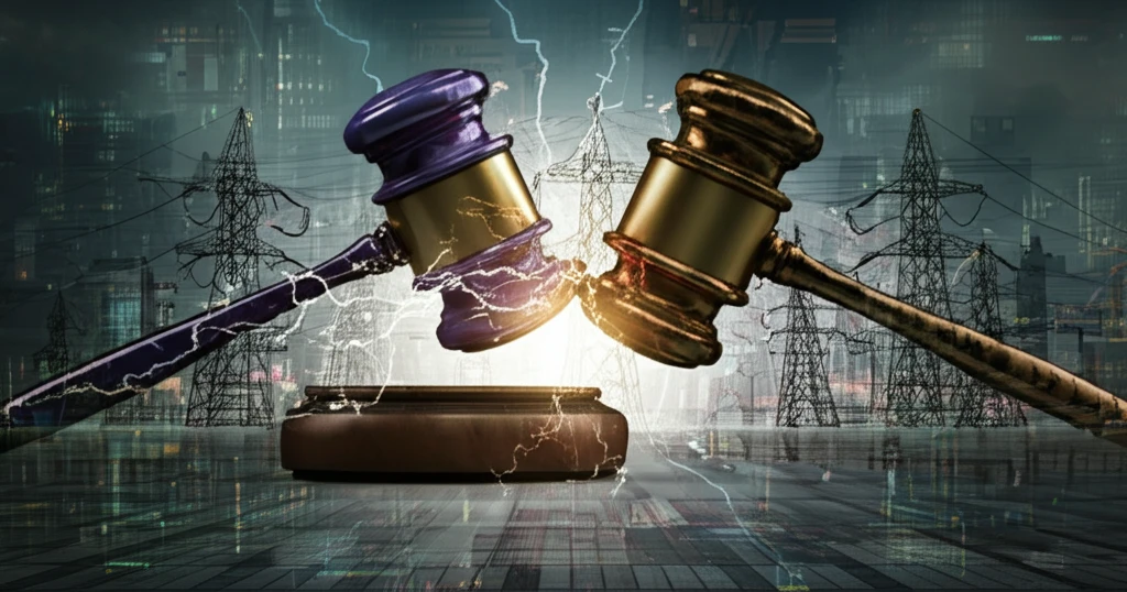 Stylized power grid with auction hammer impact.