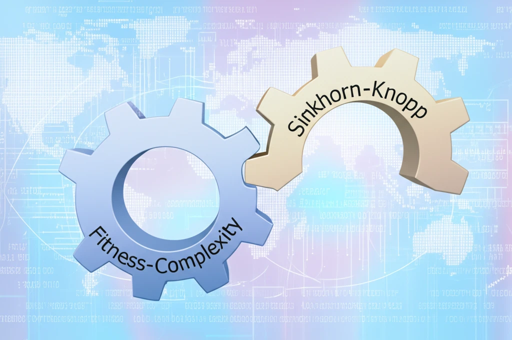 Intertwined gears representing the Fitness-Complexity and Sinkhorn-Knopp algorithms against a backdrop of a stylized world map composed of data streams and interconnected nodes.