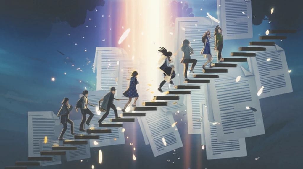 Diverse individuals climbing data steps towards a hopeful future.