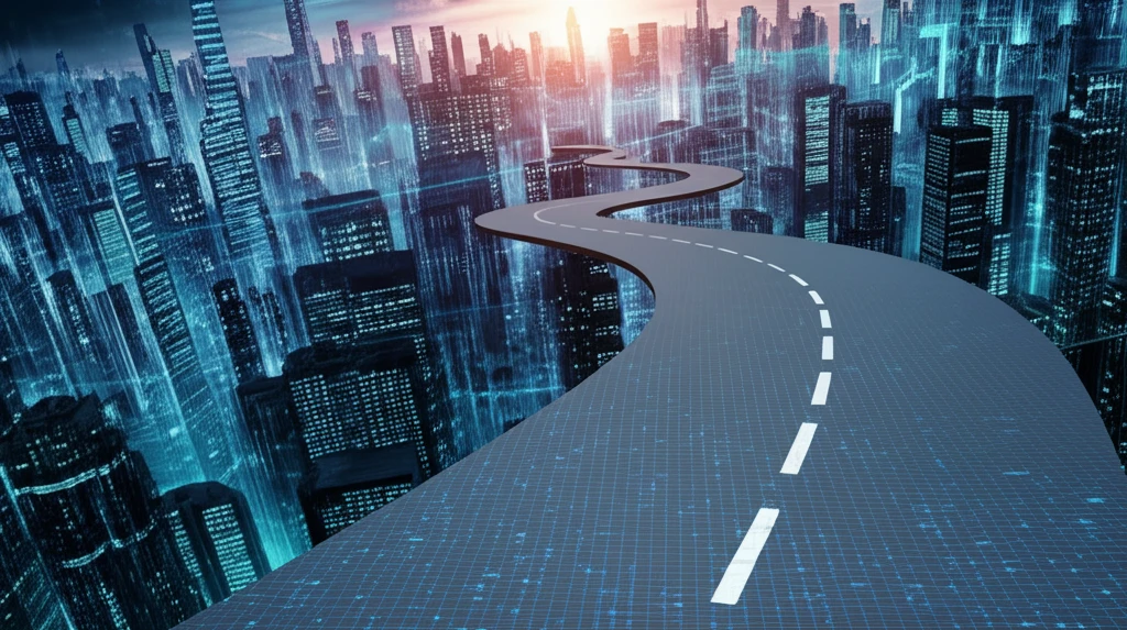 Winding road to a glowing city of data points, representing sequential data analysis.