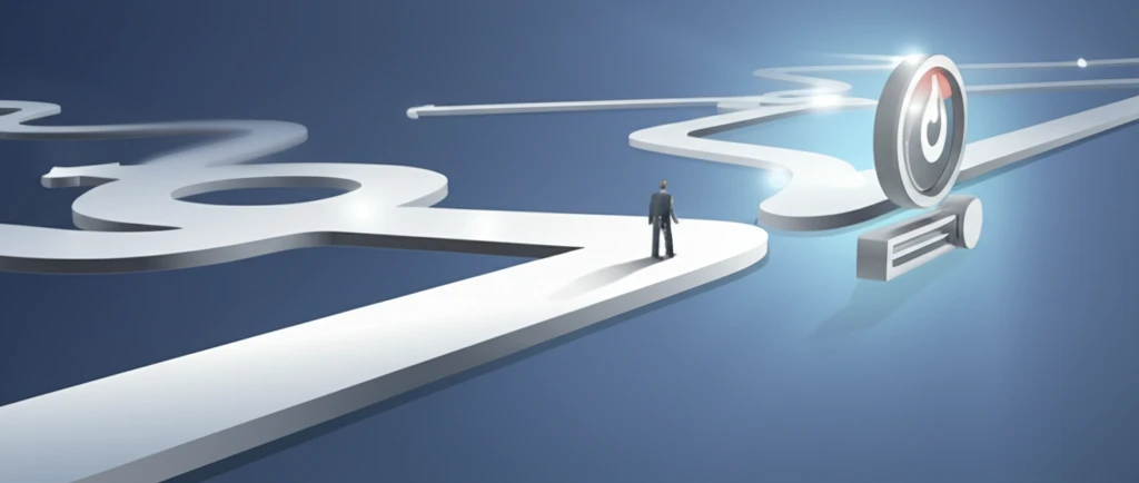 A person stands at a crossroads, using a dial to adjust different paths representing beliefs, symbolizing nuanced decision-making under uncertainty with RML.