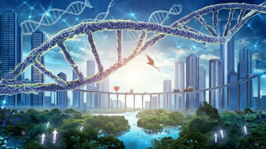 DNA strands connecting city and nature representing unbiased health insights.