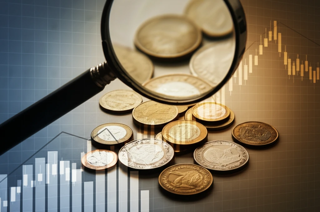Magnifying glass over scattered coins, symbolizing economic data analysis.
