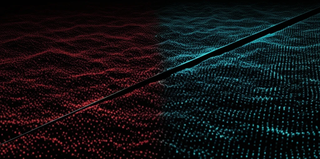 Regression Discontinuity Design visualized: a sharp cutoff dividing chaotic and structured data.