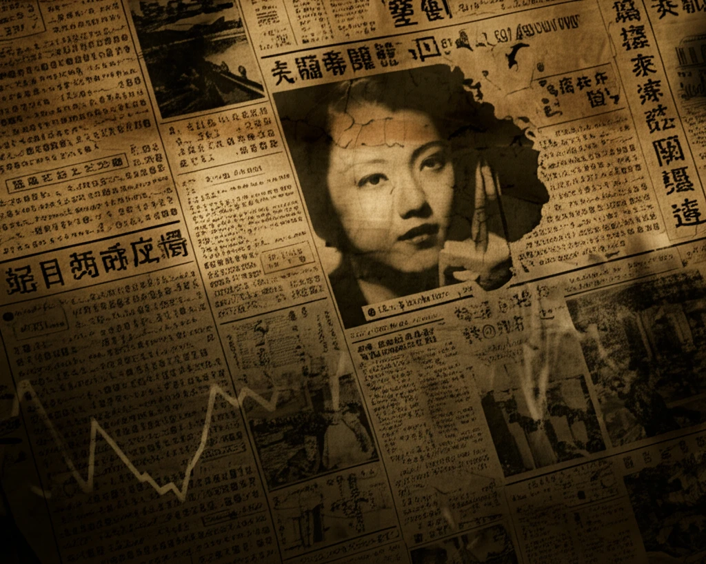 Surreal illustration of Japanese stock exchange floor overlaid with historical headlines.