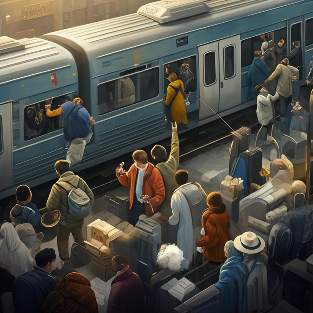 A diverse group of people boarding a crowded train, symbolizing fair resource allocation.