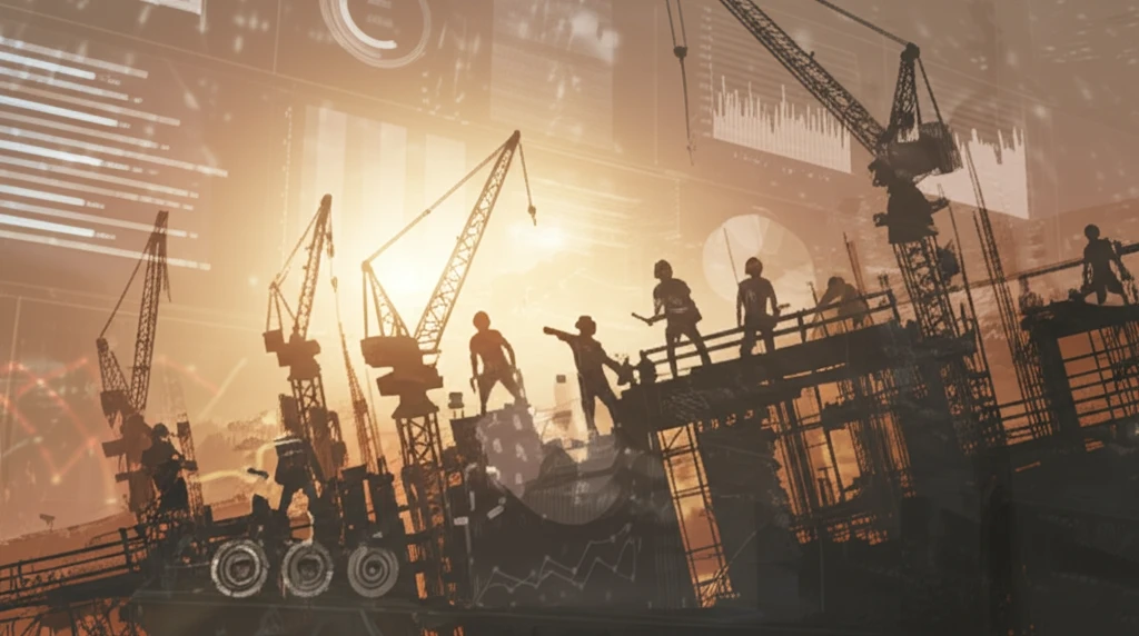 Construction workers battling extreme heat with data visualizations illustrating safety measures