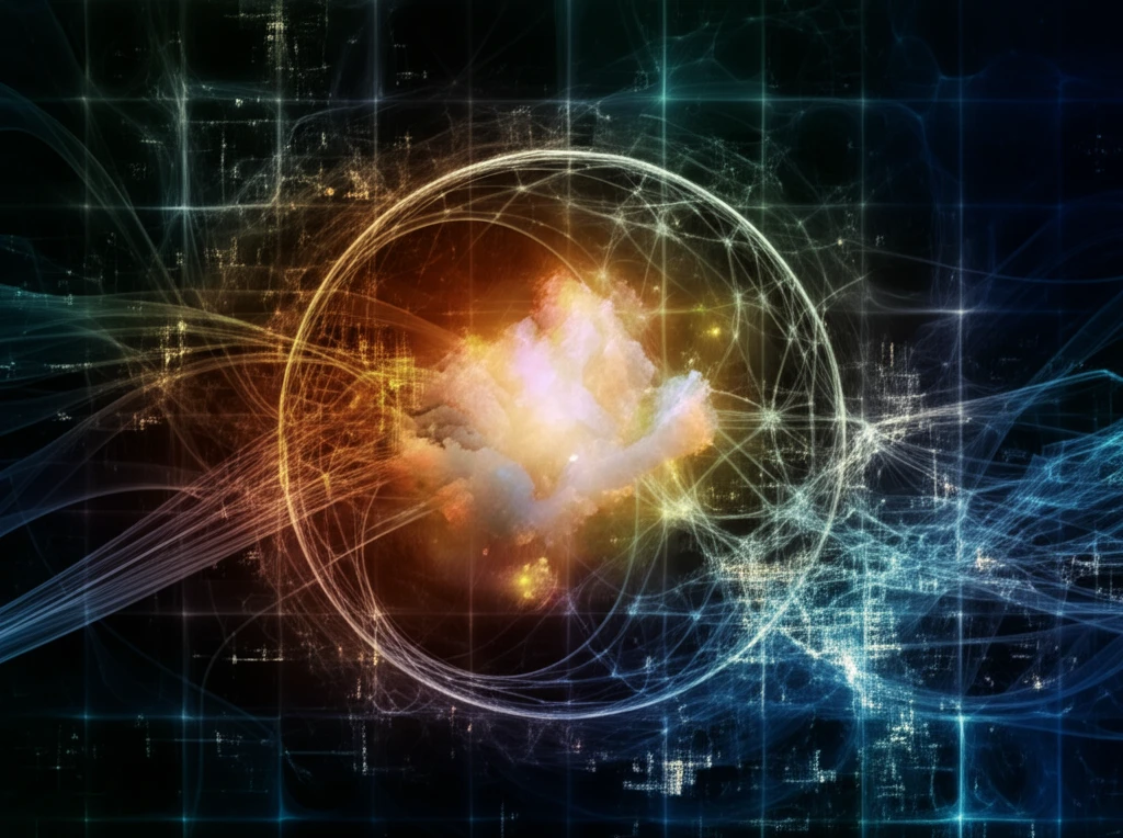 A surreal illustration of neural network combined with actuarial data, showcasing GLMMNet's integration of technology and risk analysis.