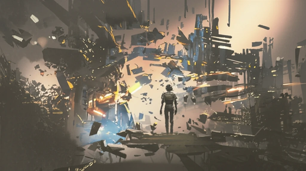 Robot navigating a fragmented cityscape representing singularity-aware learning.