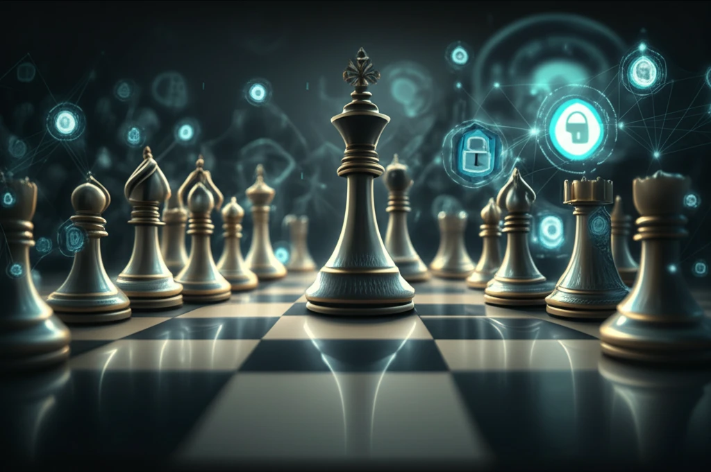 Chess game on a blockchain, symbolizing the battle against front-running in DeFi.
