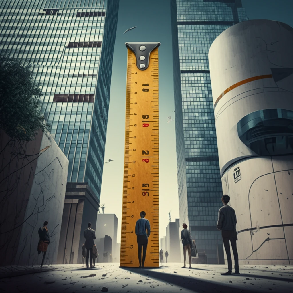 Yardstick Competition Illustration: A giant ruler measuring skyscrapers, symbolizing fair market prices for consumers.