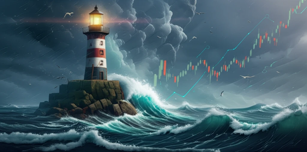 Stormy sea representing stock market volatility, with a lighthouse symbolizing statistical analysis guiding investors.
