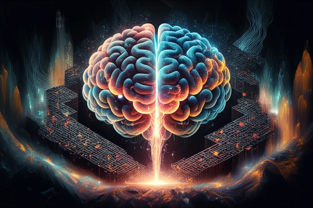 A brain navigating a data maze, symbolizing adaptive learning and inference.