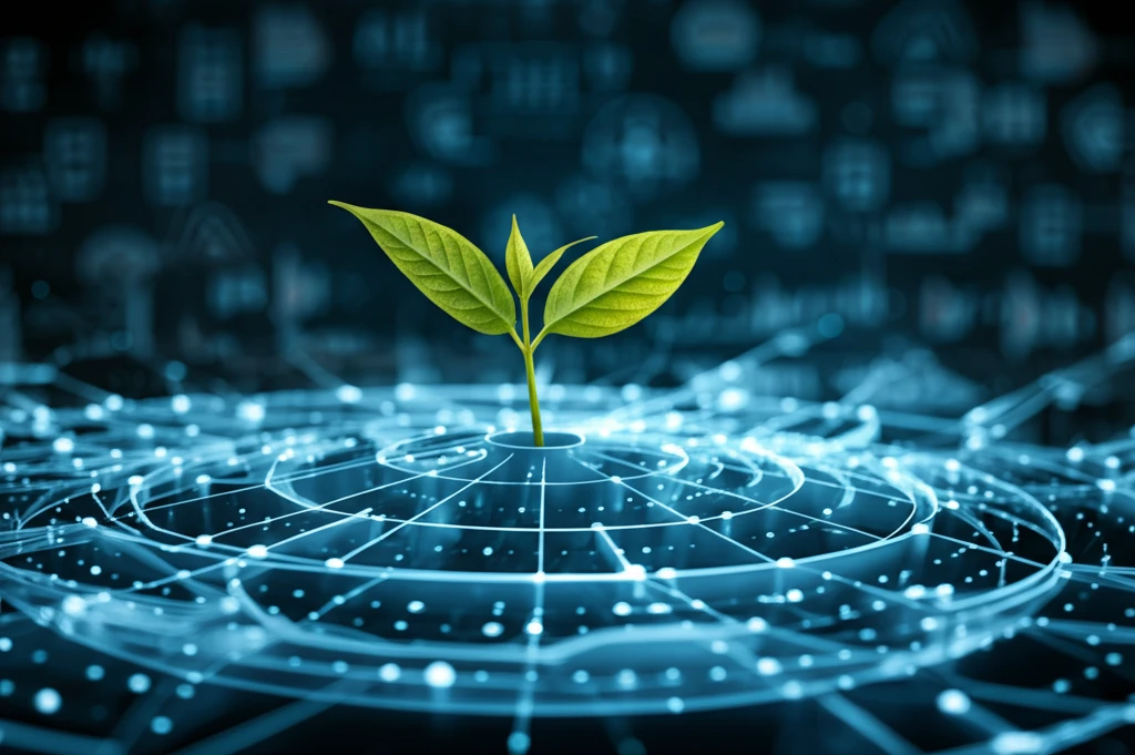 Interconnected business network with a green leaf, symbolizing sustainable decarbonization.