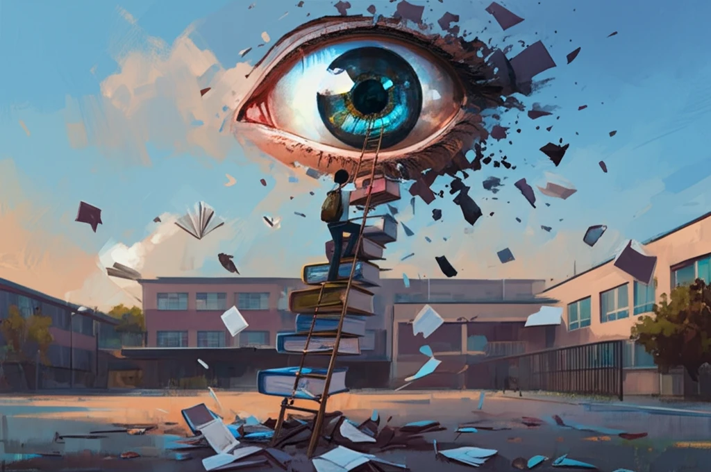 Student climbing a ladder of books under the watchful eye of class ranking.