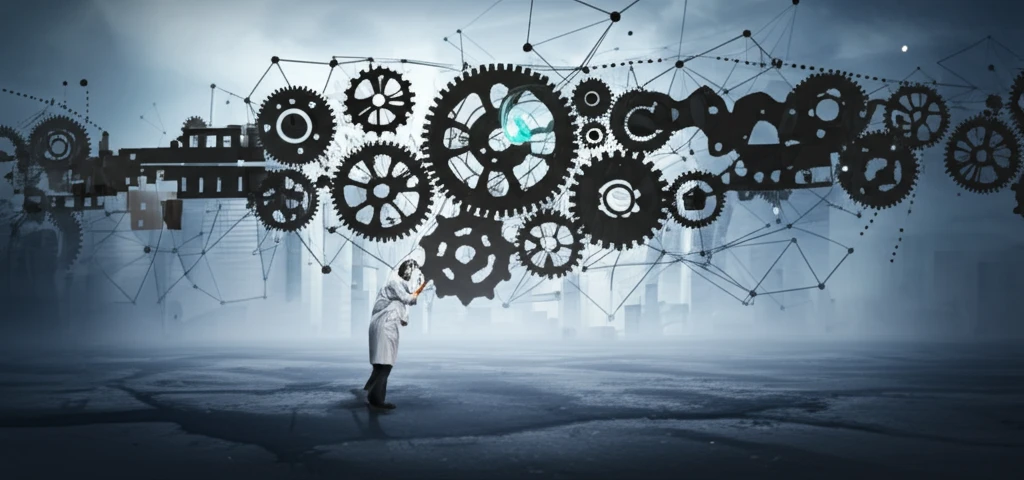 Surreal illustration of a scientist examining interconnected gears representing delayed treatment effects.