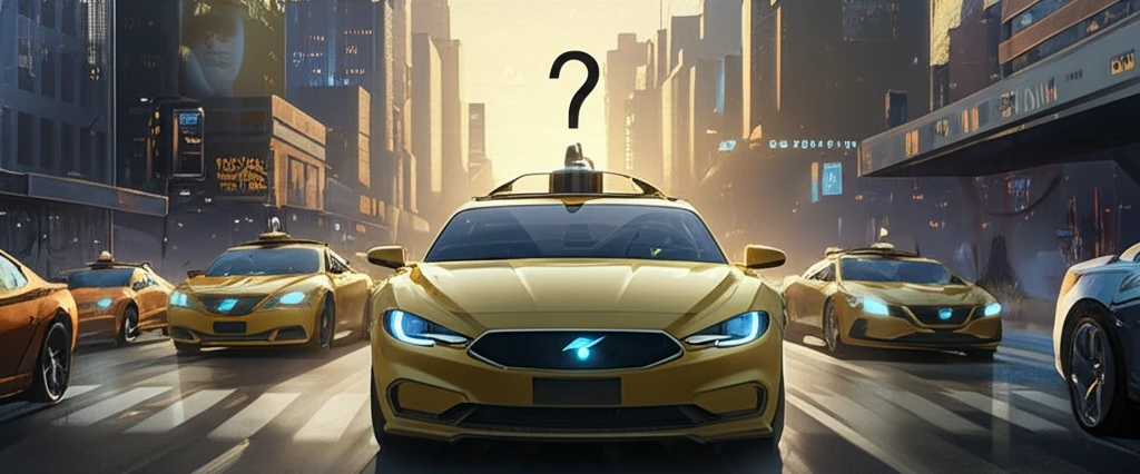 A futuristic cityscape with self-driving cars and a question mark symbolizing public uncertainty.