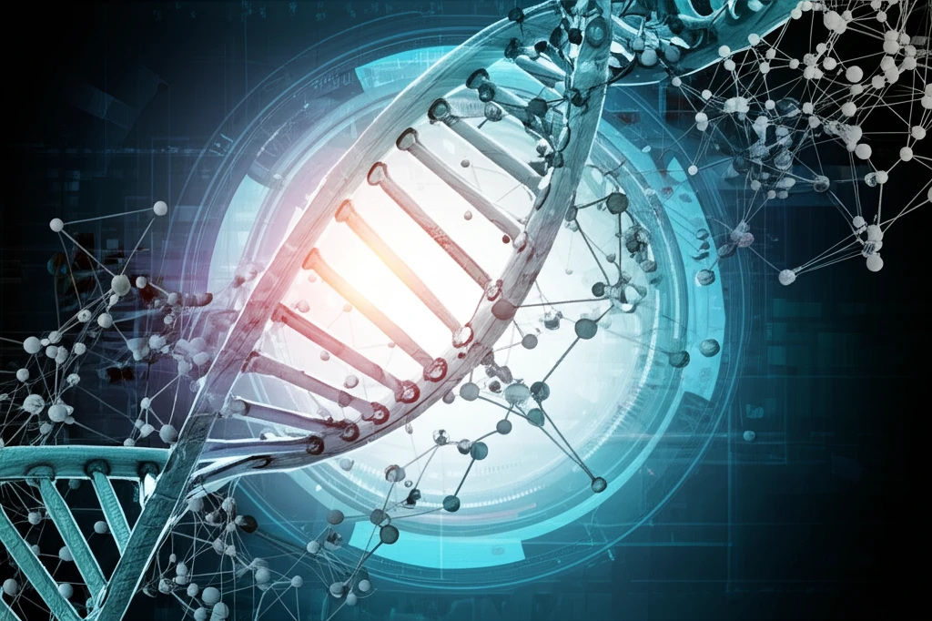 Complex network representing scientific innovation over a DNA double helix.