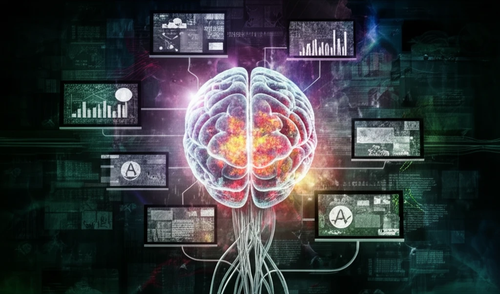 Brain connected to multiple ad screens, symbolizing data-driven decisions in advertising.