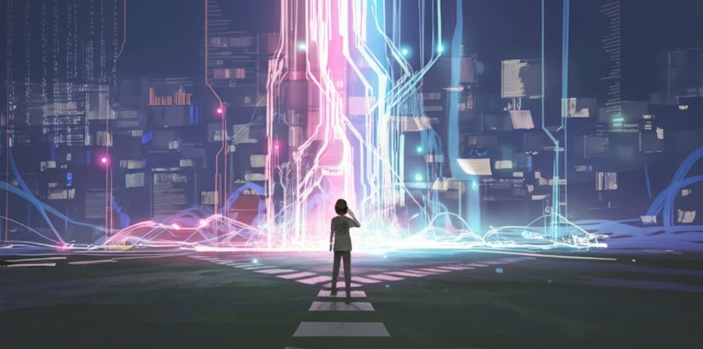 A person overwhelmed by too much information at a crossroads.