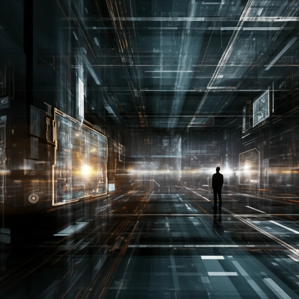 Futuristic marketplace with AI interfaces and data streams.