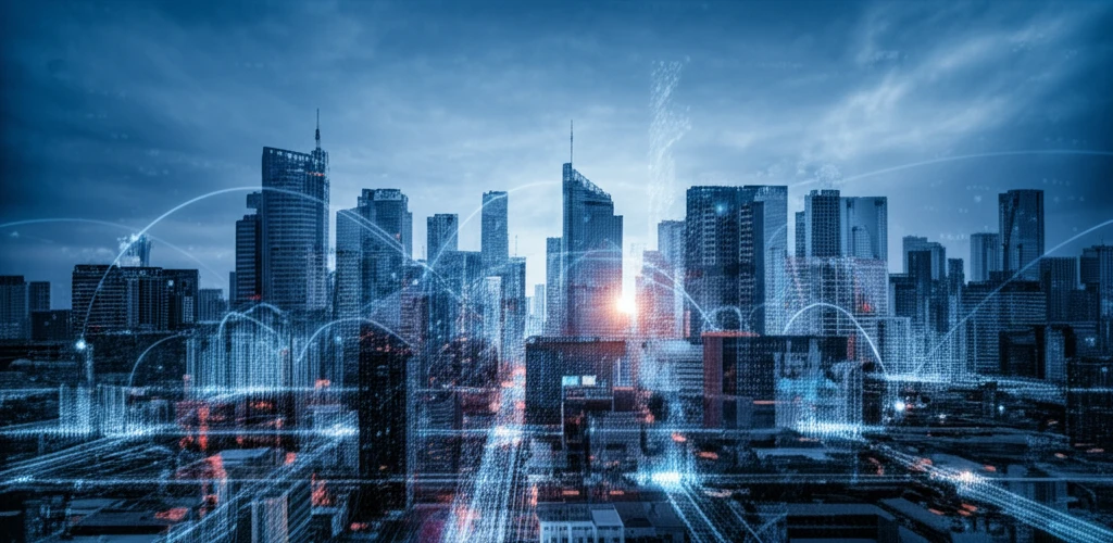 AI demand forecasting visualized as data streams flowing through a cityscape.