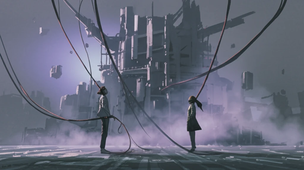 Figures connected to a building by trust strings.