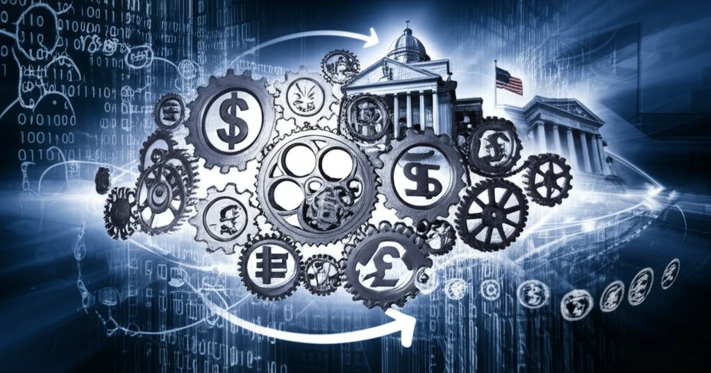 Interconnected gears symbolizing the global economy, with central bank buildings in the background.