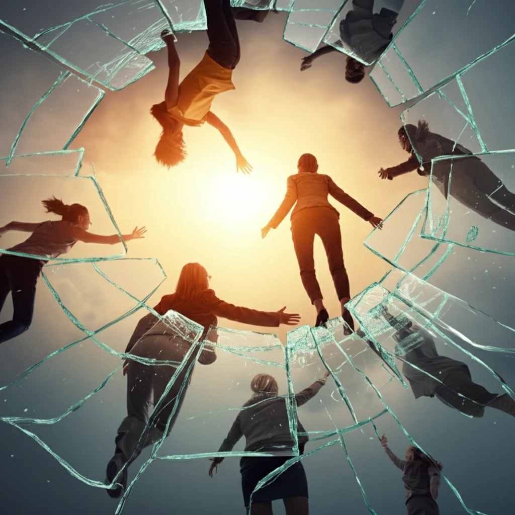 Diverse women climbing through a cracked glass ceiling, symbolizing equal opportunity.