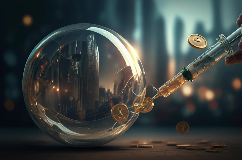 A fragile glass bubble reflecting a cityscape, stabilized by golden dividends.
