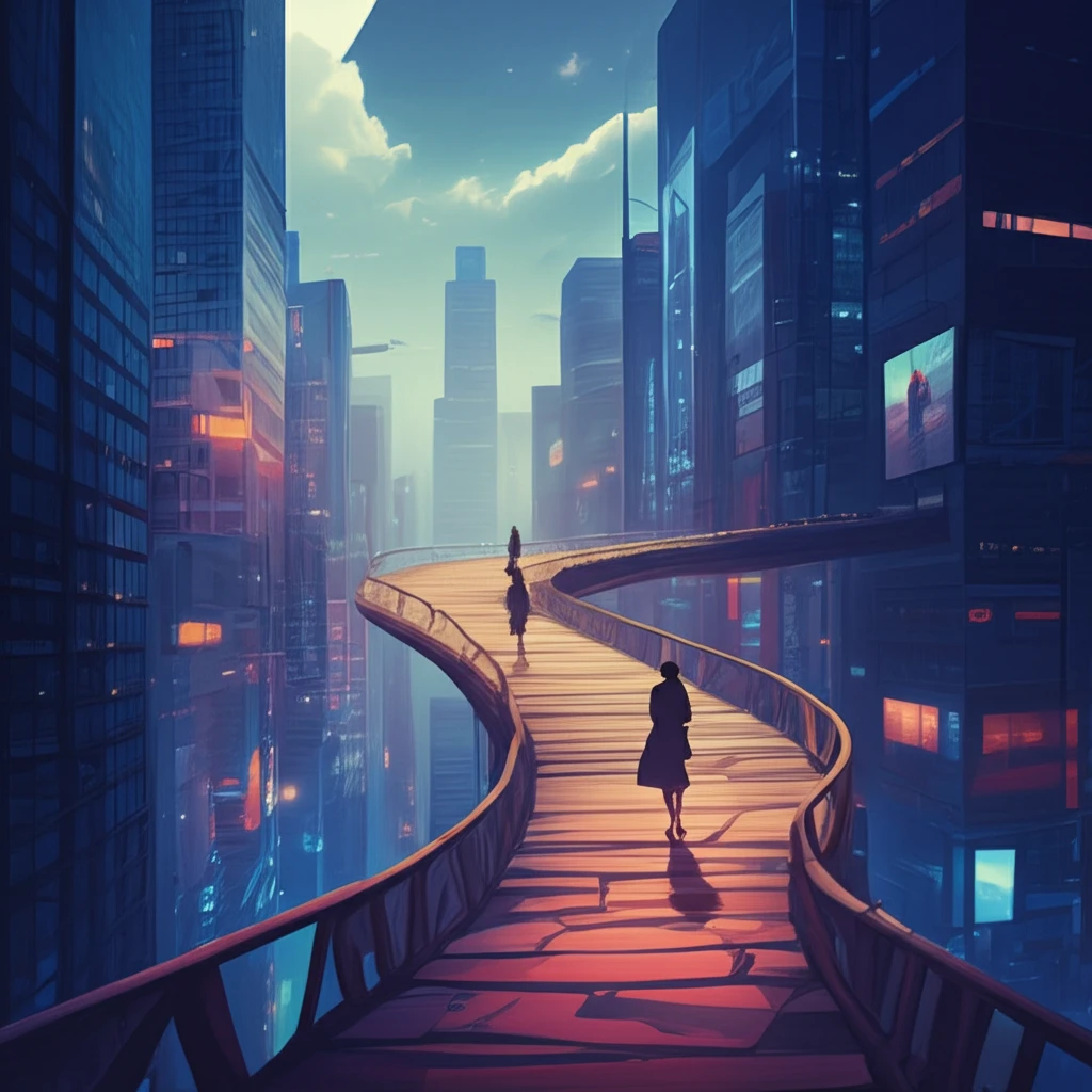 Abstract cityscape with a winding path symbolizing diverse and unexpected career journeys.