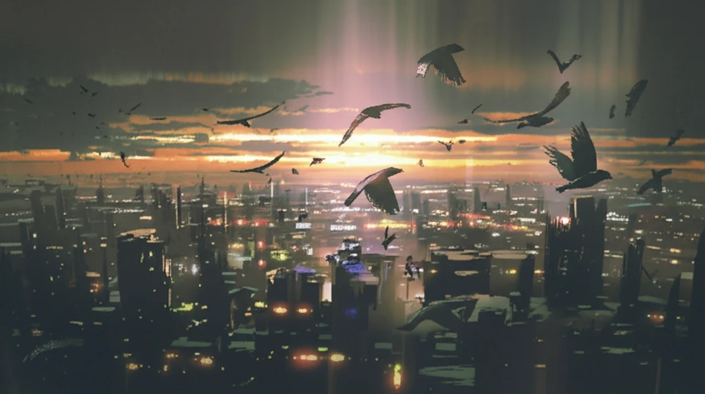 Birds migrating over a city symbolizing labor migration.