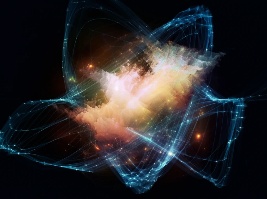 Interconnected nodes glowing against a stormy data cloud, symbolizing data refinement.