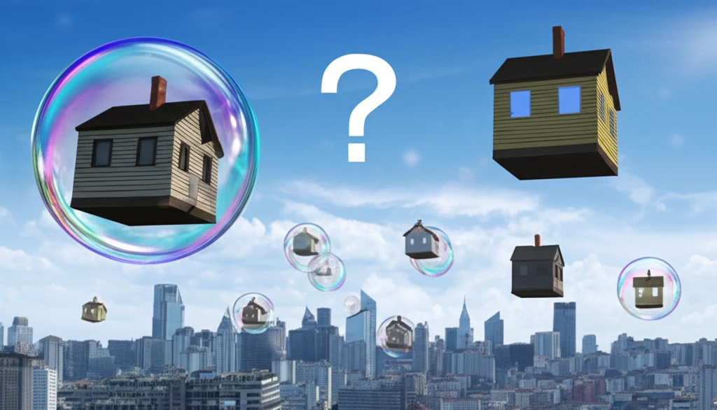 Houses floating on bubbles symbolize a potential housing market crash.
