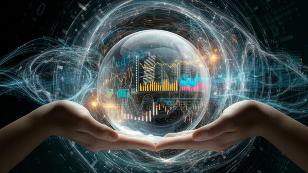 Crystal ball with cityscape and economic graphs, symbolizing economic forecasting.
