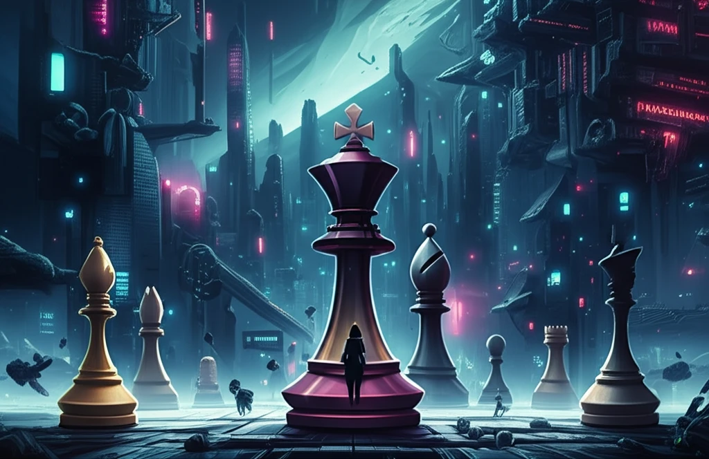 Chess pieces on a futuristic cityscape representing strategic decision-making.