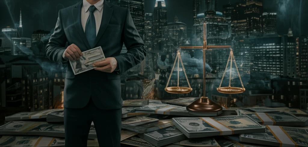 Scales of justice balancing a union badge and a pile of money.