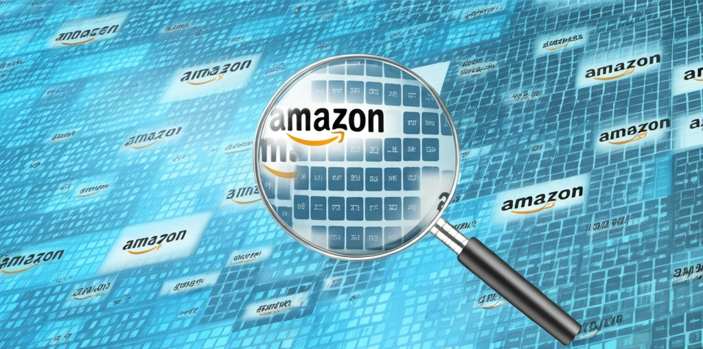 Magnifying glass over Amazon product listings, symbolizing scrutiny of the Amazon algorithm.
