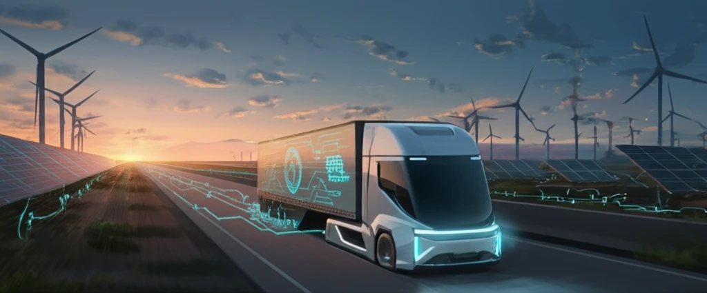 Futuristic electric truck sharing energy with a smart power grid, representing sustainable transport.