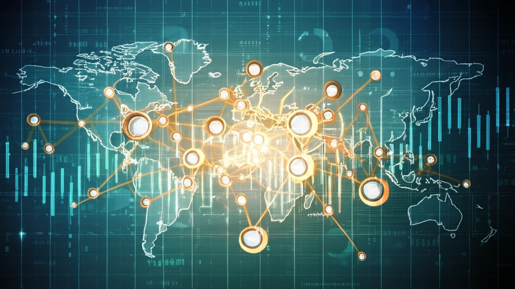 Interconnected economic nodes with financial data streams.