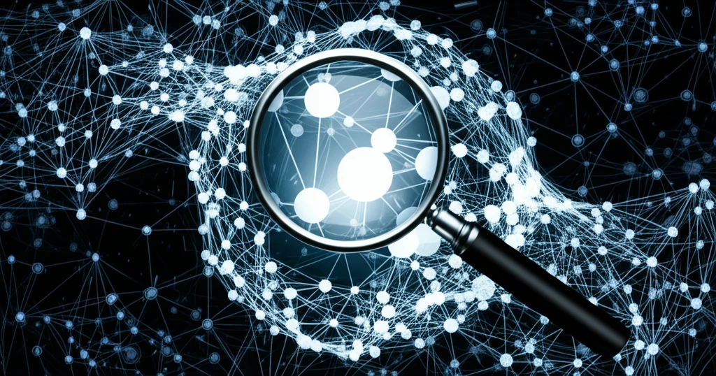 A complex network of interconnected nodes with a magnifying glass focusing on logical connections.