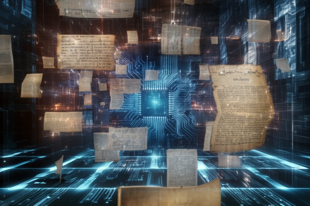 Historical documents floating in digital space with AI circuits.