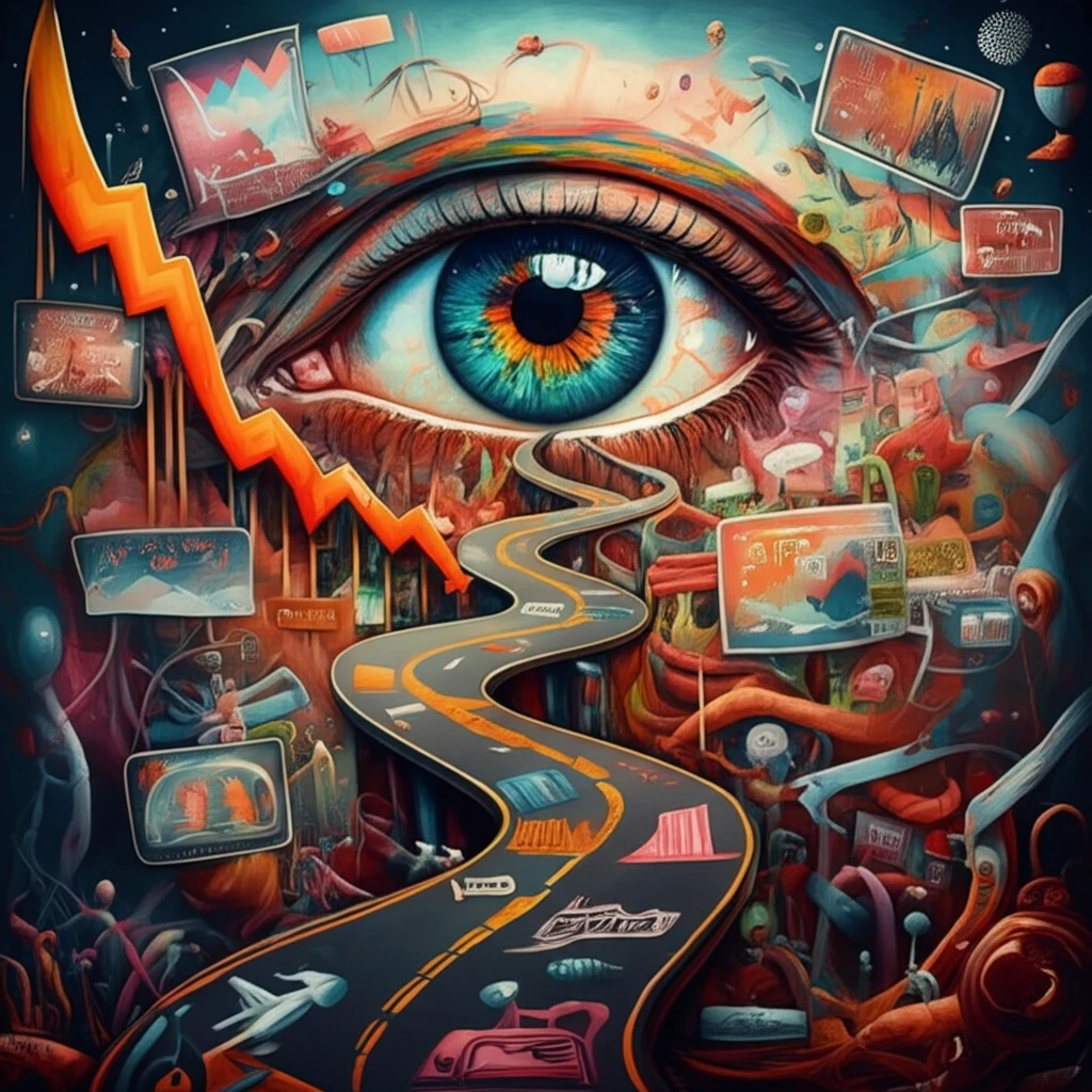 Surreal illustration of a winding stock market road with an overseeing eye.
