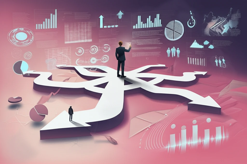 Person at a crossroads of treatment options surrounded by data points.