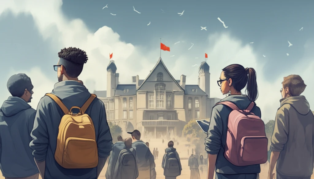 Symbolic illustration of diverse students balancing test scores and personal achievements for college admission.